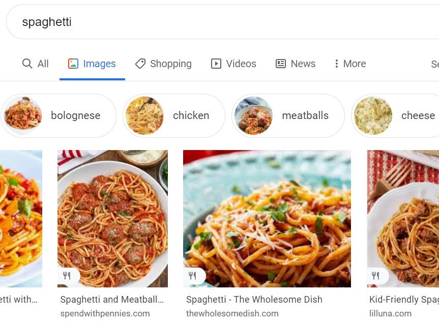 Image SEO - Google image search results for 'spaghetti'