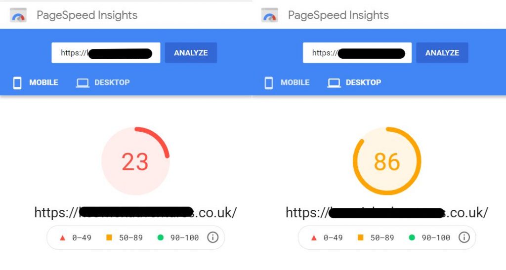 Mobile and desktop scores for a site on Google's PageSpeed Insights