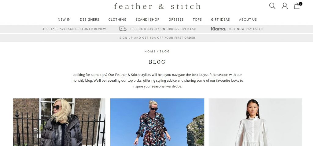 Screenshot of the Feather & Stitch blog