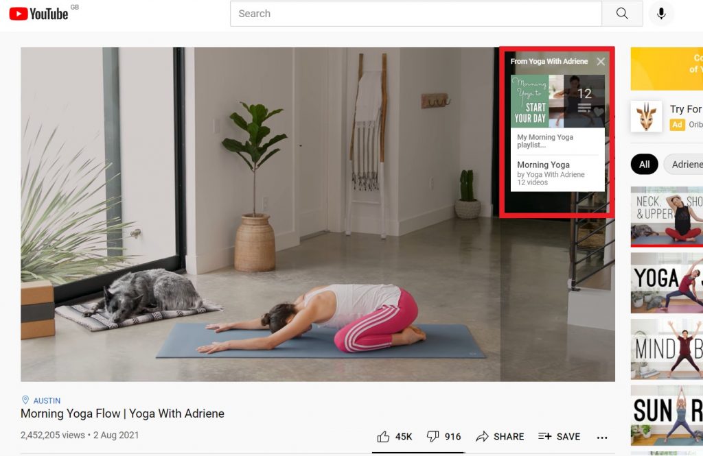 Screenshot of video with cards from Yoga with Adriene