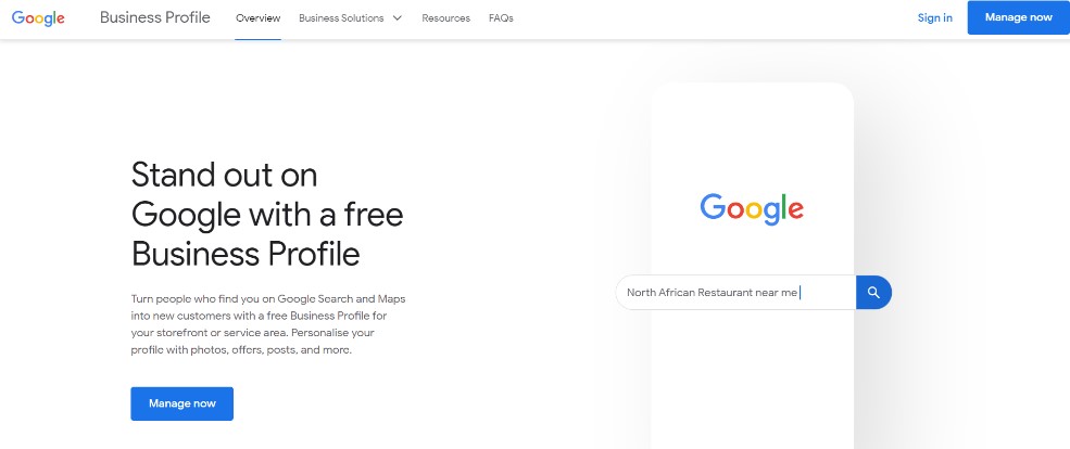 Homepage for Google Business Profile