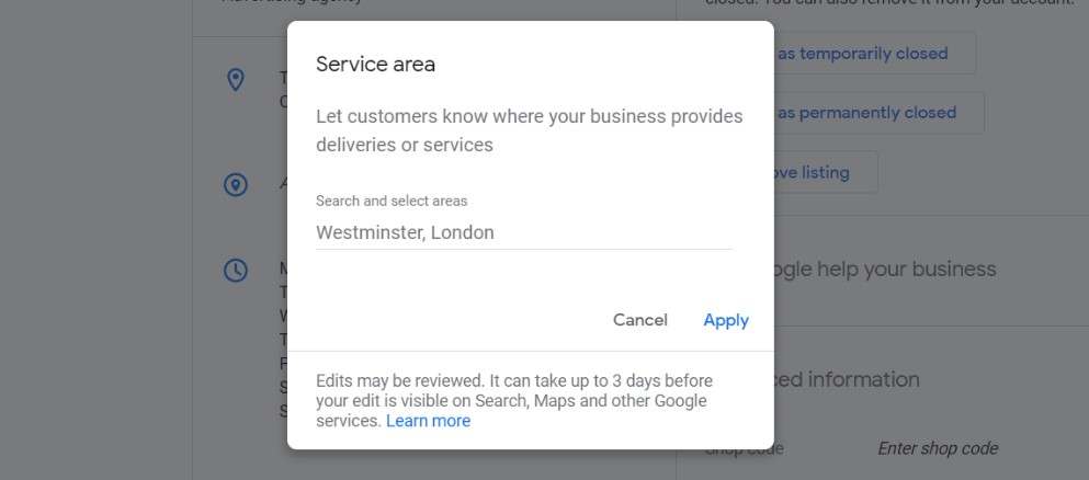 Select a service area on Google Business Profile