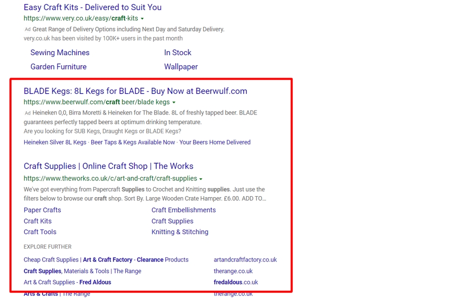 Organic search results on Bing