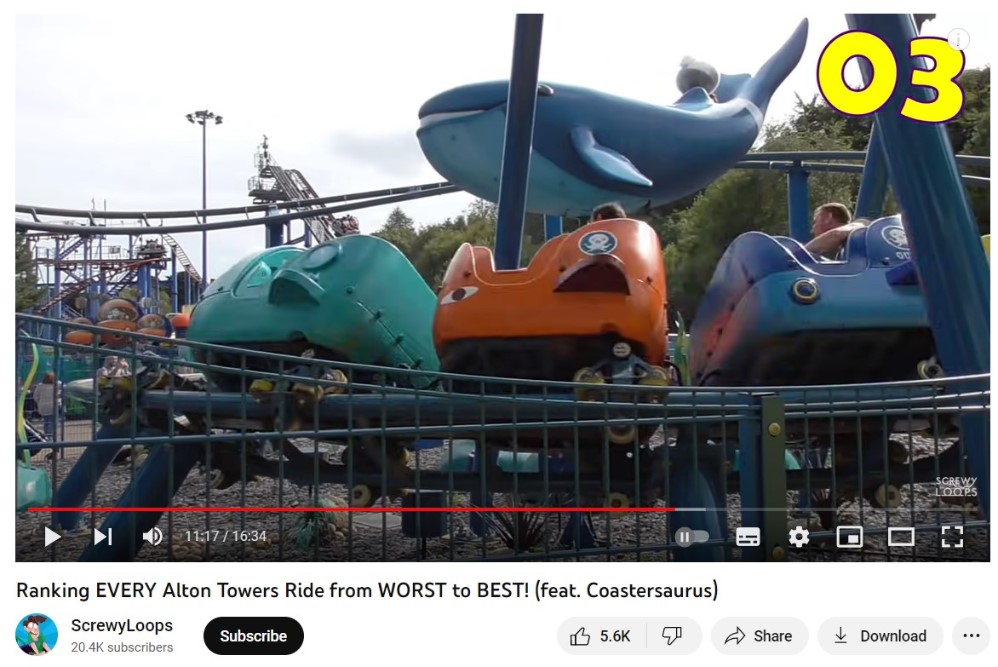 Screenshot of a video review of Alton Towers on YouTube