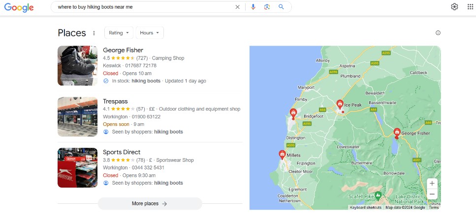 Location of shops to buy walking boots, shown on Google
