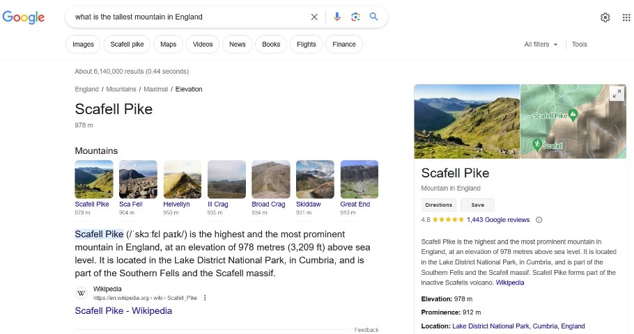 Search results on Google for the search "What is the tallest mountain in England"