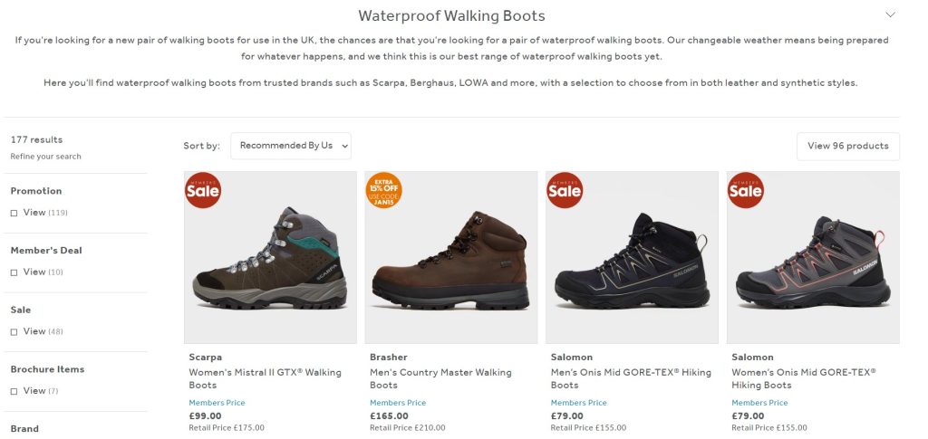Waterproof walking boots on a shop page of Go Outdoors