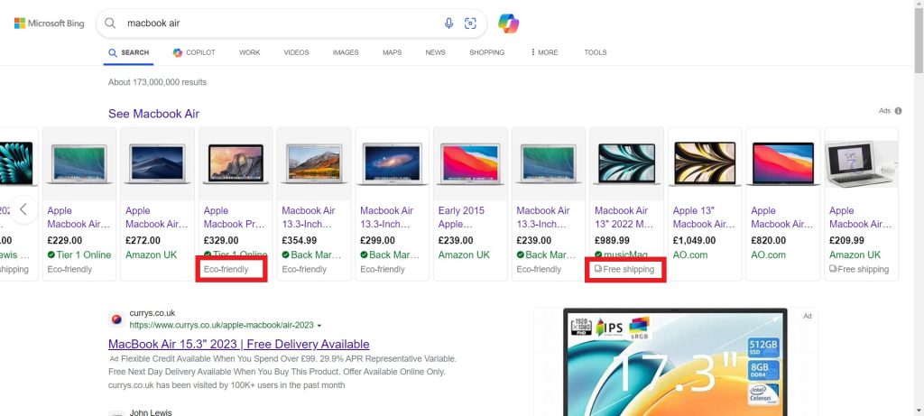 Free Shipping and Eco-Friendly tags on Microsoft Shopping Ads