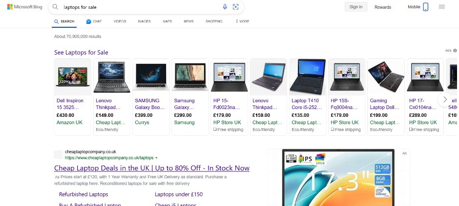 Shopping ads for laptops on Microsoft Bing