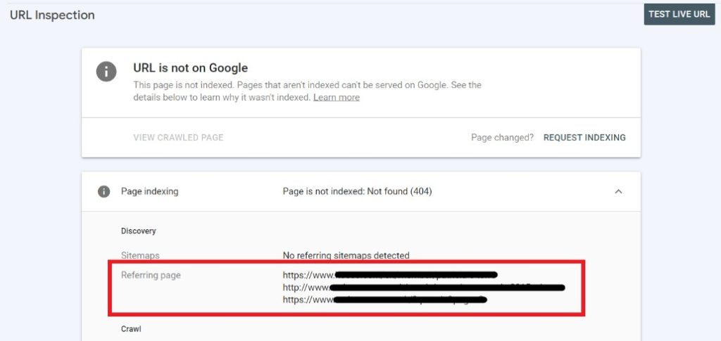 URL inspection report on Google Search Console