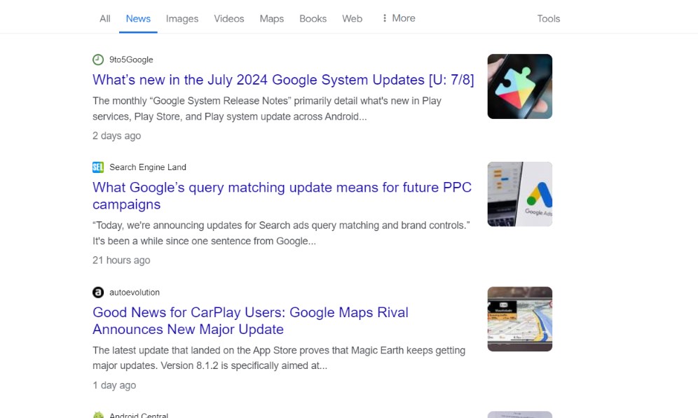 Results on Google's news feed
