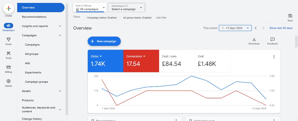 Google Ads Overview dashboard