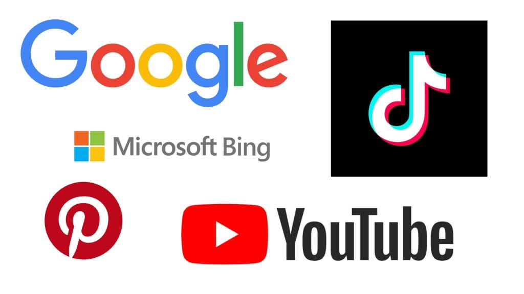 Selection of logos from businesses used for search, including Google, Bing, Pinterest, YouTube and TikTok