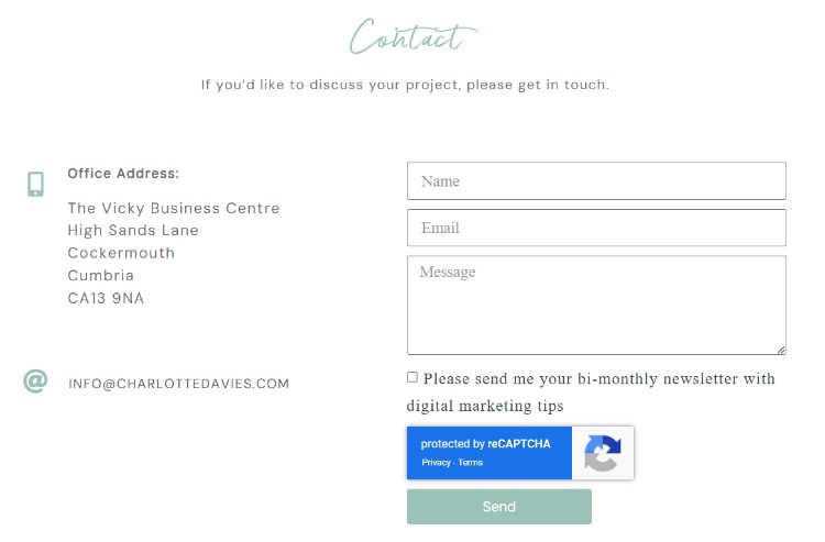 Contact page on Charlotte Davies's website showing address details