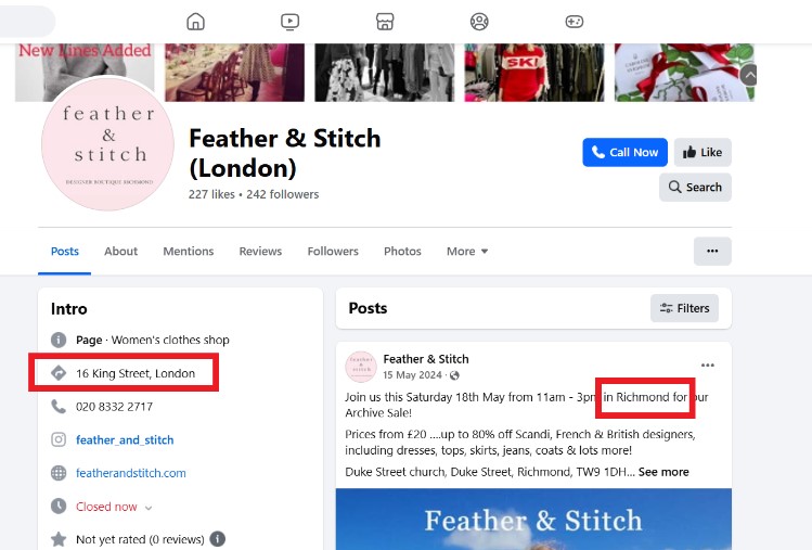 Feather & Stitch's Facebook page with location details highlighted