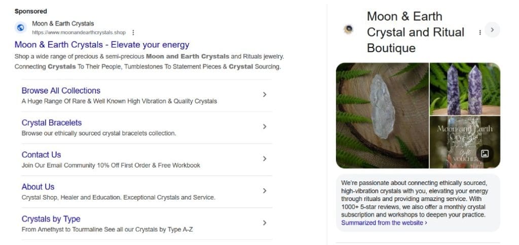 Google ad for Moon & Earth Crystals
