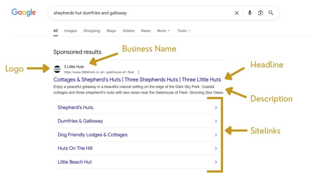 Breakdown of ad assets on a Google ad