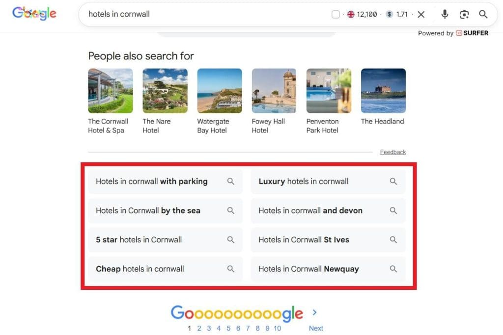 "People also search" results on Google