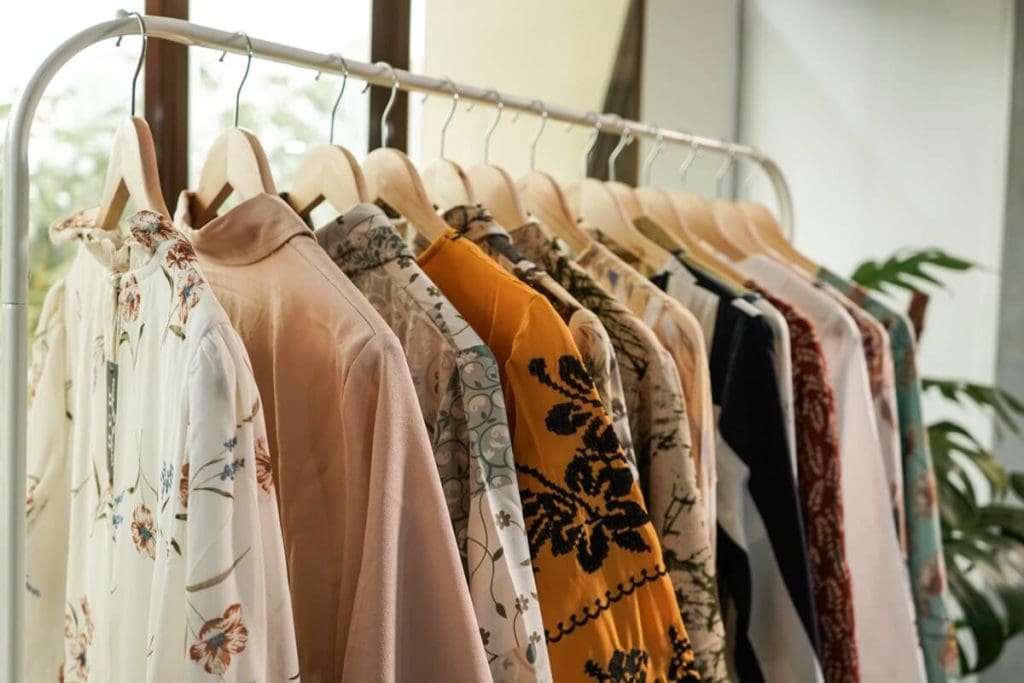 Blouses on a clothes hanger in a womenswear boutique
