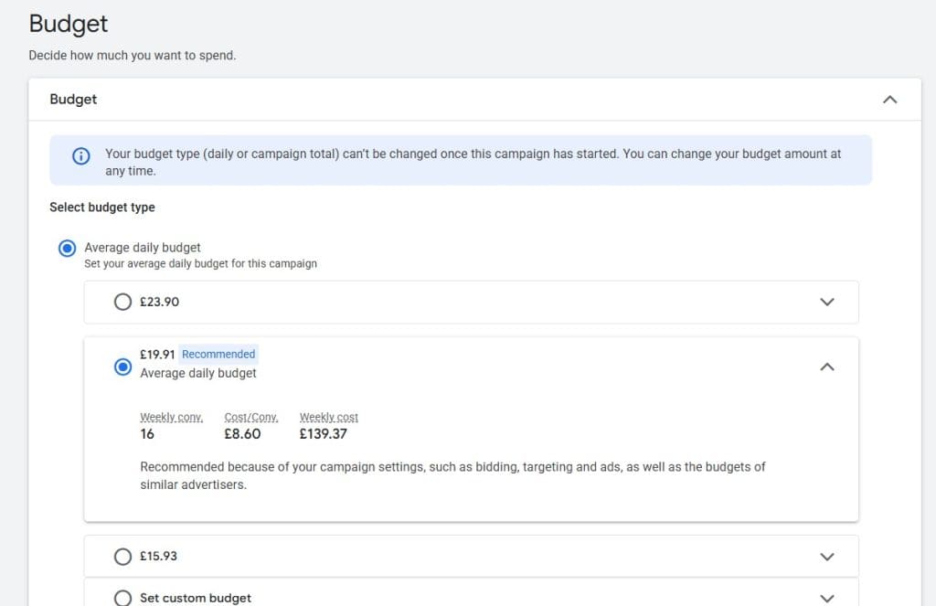 Budget options in a Performance Max ads campaign