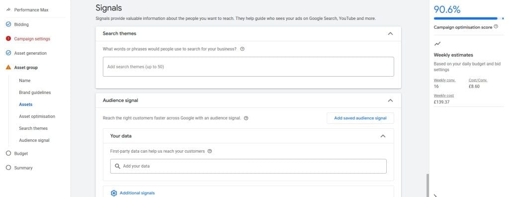 Options for signals in a Performance Max campaign