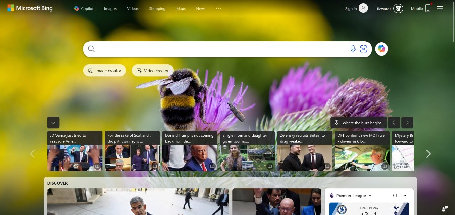 Homepage for Bing search