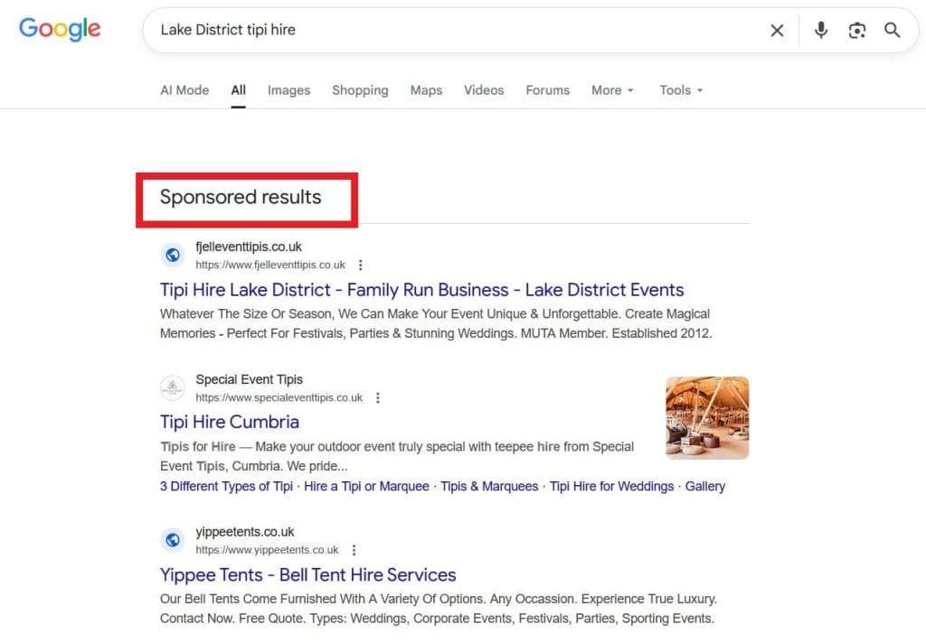 Sponsored ads on Google